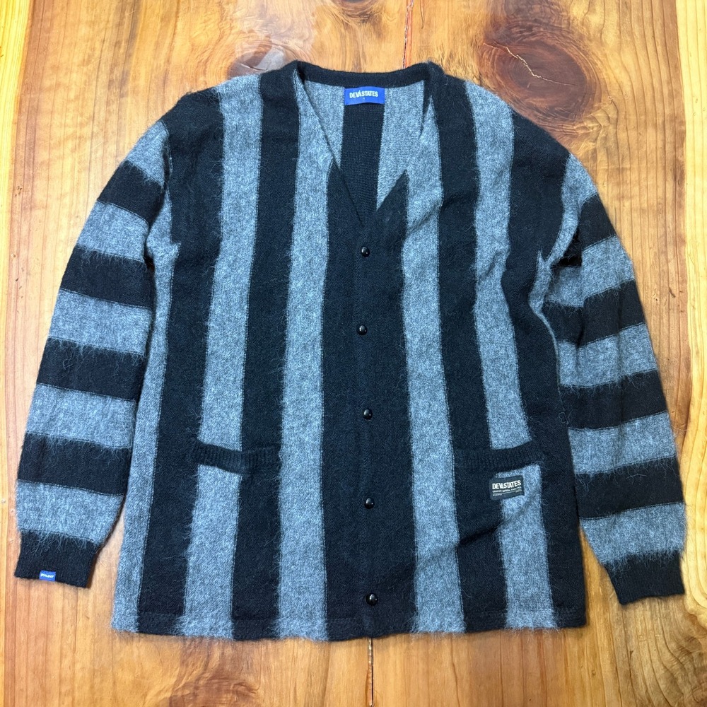 Deva States Mens Sweater L Cardigan Button V neck Wool Mohair Stripe L/S K3-29